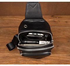 Black Leather Mens Cool Sling Pack Sling Bags Black Crossbody Packs Chest Bag for men - iwalletsmen