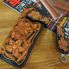 Handmade Leather Biker Wallet Tooled Floral Mens Cool Chain Wallet Trucker Wallet with Chain