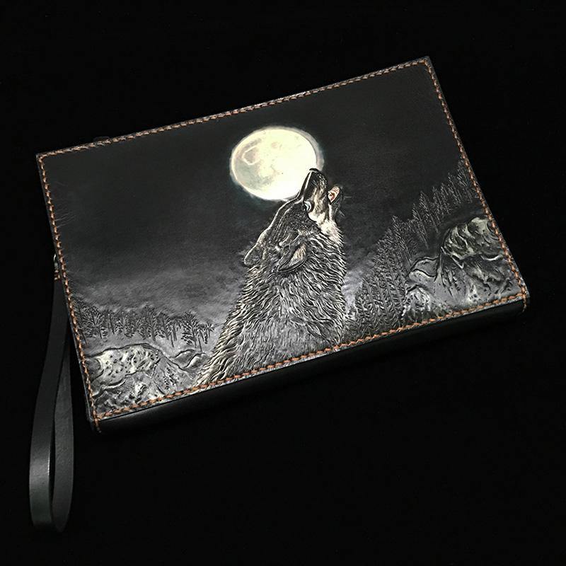 Black Handmade Tooled Leather Mahākāla Clutch Wallet Wristlet Bag Clutch Purse For Men - iwalletsmen