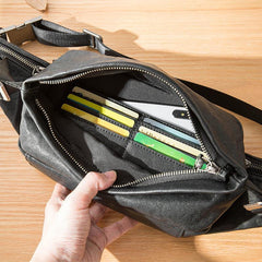Black Casual Leather Mens 8inches Sling Bag Chest Bag Black One Shoulder Backpack for Men - iwalletsmen