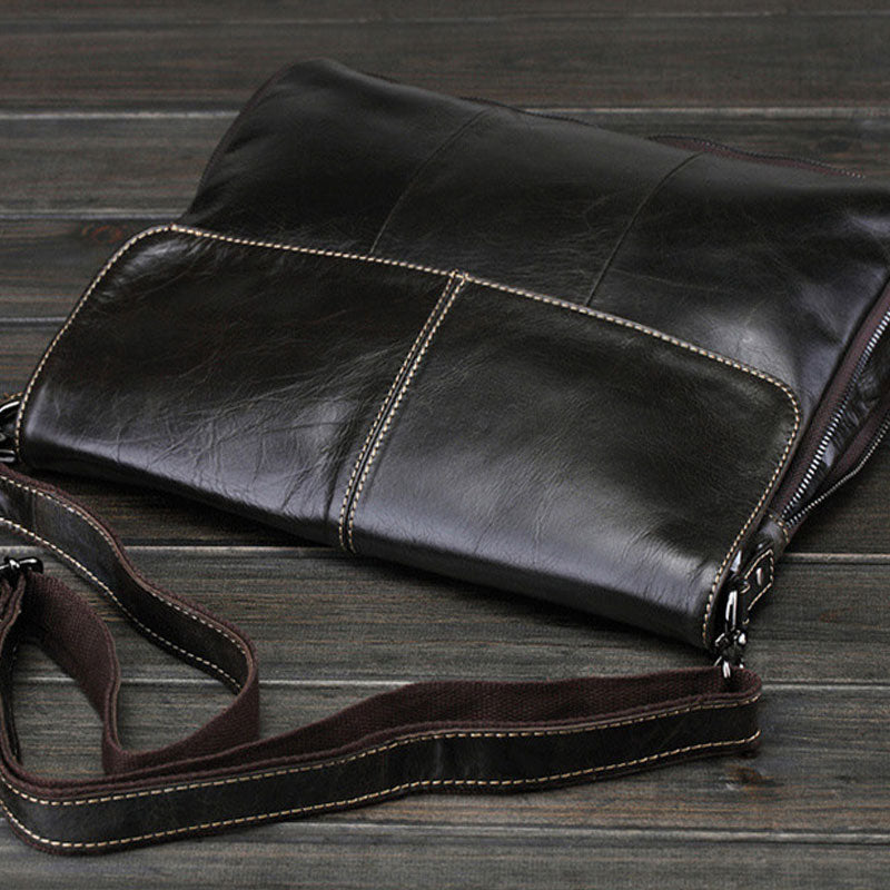 Cool Small Black Leather Mens Messenger Bag Shoulder Bag for Men - iwalletsmen