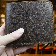 Handmade Leather Floral Mens Cool Slim Leather Wallet Men billfold Wallets Bifold for Men