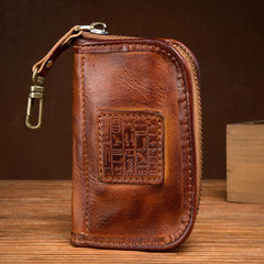 Brown Leather Mens Small Car Key Wallet Brown Key Holder Coin Purse Brown Card Holder For Men - iwalletsmen