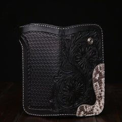 Handmade Leather Mens Cool Black Obsidian Chain Wallet Biker Trucker Wallet with Chain