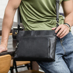Black Casual Leather Mens 10 inches Side Bag Postman Bag Black Messenger Bag Courier Bag for Men - iwalletsmen