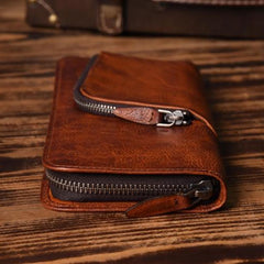 Handmade Leather Mens Cool Long Leather Wallet Zipper Phone Clutch Wallet for Men