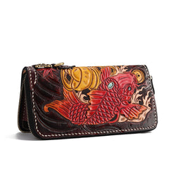 Handmade Leather Carp Mens Chain Biker Wallet Cool Leather Wallet Long Phone Wallets for Men