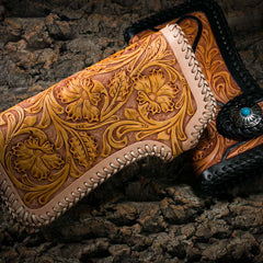 Handmade Mens Cool Tooled Floral Leather Chain Wallet Biker Trucker Wallet with Chain - iwalletsmen
