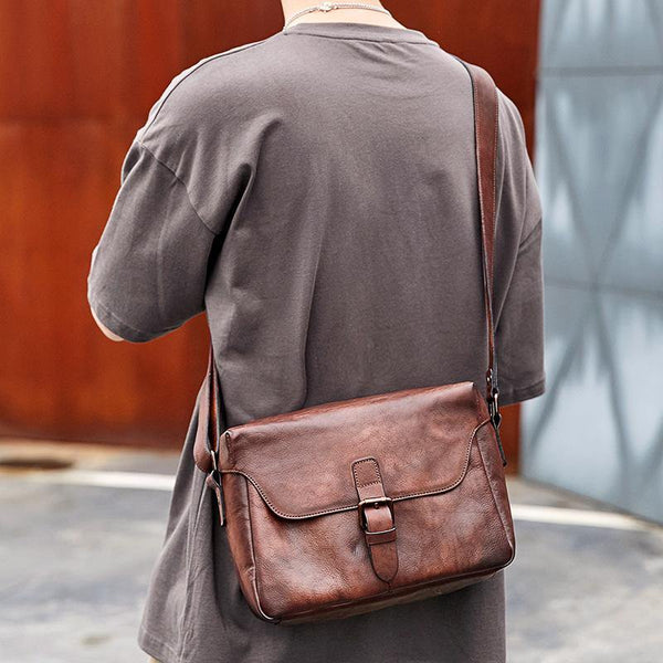 Cool Brown Men Leather Camera Side Bag Tan SLR Camera Leather Cube Messenger bag For Men - iwalletsmen