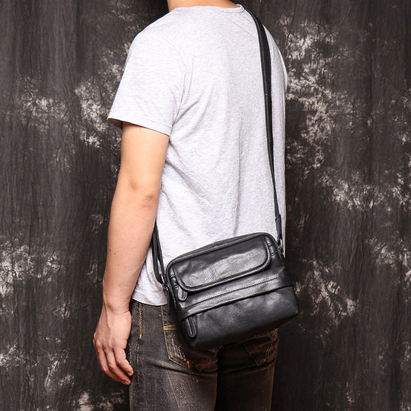 Black LEATHER MENS Small SIDE BAG COURIER BAG Black Small MESSENGER BAG FOR MEN - iwalletsmen