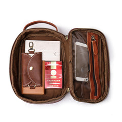Vintage Brown Leather Men's Clutch Bag Double Zipped Small Wristlet Handbag Storage Bag For Men - iwalletsmen