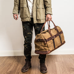 Khaki Waxed Canvas Leather Mens Waterproof Large Weekender Bag Travel Bag Luggage Bag for Men - iwalletsmen
