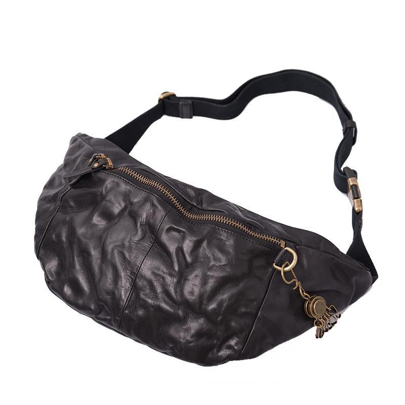 Cool Black Leather Mens Chest Bag Fanny Pack Waist Bags Coffee Leather Hip Bag Bum Bag For Men - iwalletsmen
