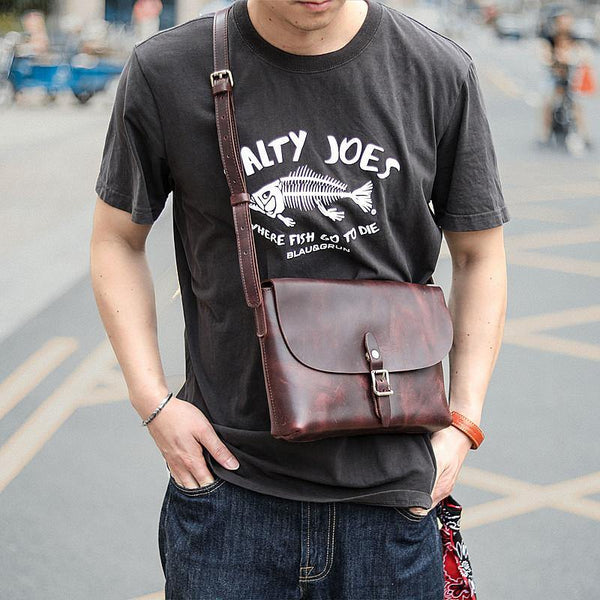 Black Leather Mens Casual Small Postman Bag Courier Bags Coffee Messenger Bag For Men - iwalletsmen