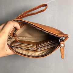 Handmade Genuine Leather Mens Clutch Cool Slim Wallet Zipper Clutch Wristlet Wallet for Men
