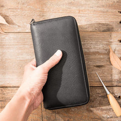 Cool Black Leather Mens Zipper Clutch Wallet Long Wallet Black Cell Phone Long Wallet for Men - iwalletsmen