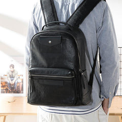 Black Fashion Mens Leather 15-inch Computer Backpacks Travel Backpacks Black College Backpack for men - iwalletsmen