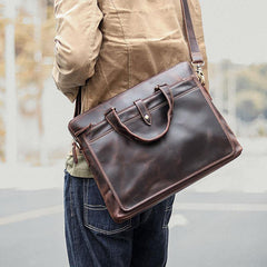 Vintage Dark Brown Mens Leather Briefcase Work Handbags Black 14'' Computer Briefcases For Men - iwalletsmen
