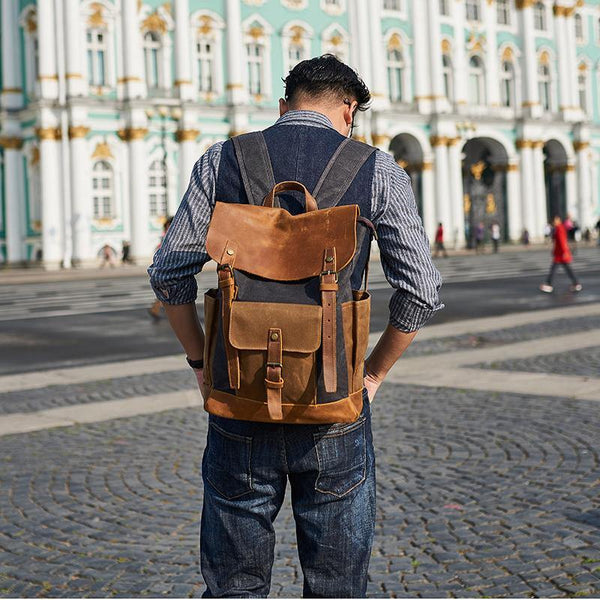Canvas Leather Mens Backpack 15 inches Travel Backpacks Satchel Backpack Canvas School Backpack for Men - iwalletsmen