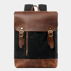Waxed Canvas Leather Mens 14'' Waterproof Black School Backpack Green Travel Backpack for Men - iwalletsmen