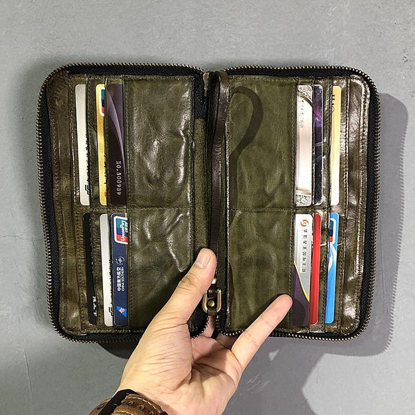 Vintage Green Leather Mens Bifold Long Wallet Brown Wristlet Wallet Brown Clutch Biker Wallet Men - iwalletsmen