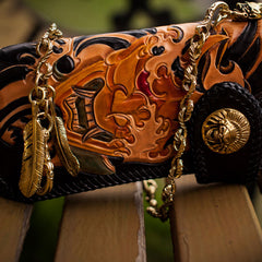 Handmade Leather Tooled Prajna Mens Chain Biker Wallet Cool Leather Wallet With Chain Wallets for Men
