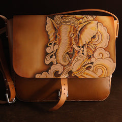 Brown Handmade Ganesha Tooled Leather Courier Bag Messenger Bag Side Bag For Men - iwalletsmen