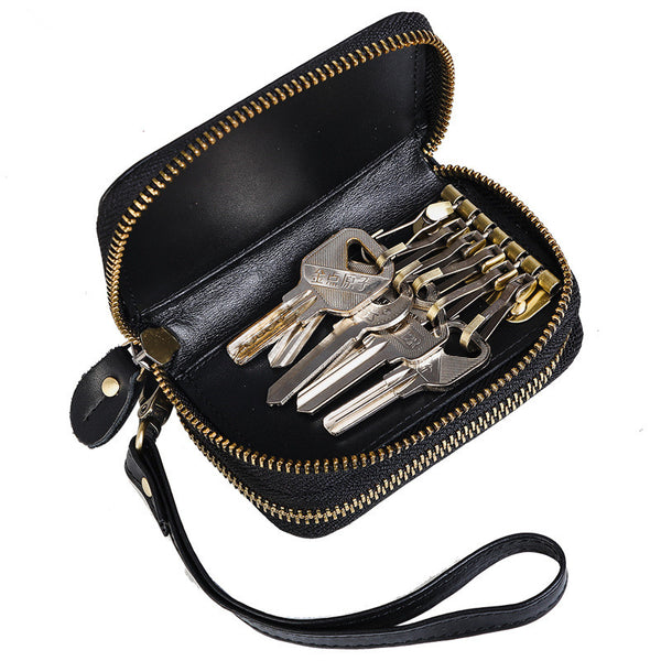 Cool Black Mens Double Zipper Leather Car Key Wallet Key Holder Change Holder For Men - iwalletsmen