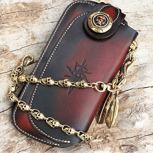 Handmade Mens Cool Leather Chain Wallet Biker Trucker Wallet with Chain Tan / with Skull Chain(With Logo)