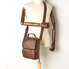 Cool Brown Leather 10 inches Vertical Small Briefcase Side Bags Messenger Bag Courier Bag for Men - iwalletsmen