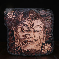 Handmade Leather Mens Cool Black Buddha Chain Wallet Biker Trucker Wallet with Chain