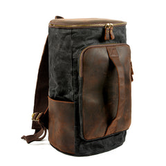 Cool Waxed Canvas Black Leather Mens 15.6‘’ Barrel Green Backpack Travel Backpack Hiking Backpack for Men - iwalletsmen