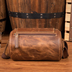 Cool Mens Brown Leather Small Barrel Messenger Bag Bucket Courier Bags for Men - iwalletsmen