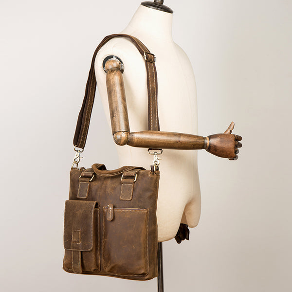 Vintage Brown Leather Mens 13 inches Vertical Briefcase Laptop Bags Business Bags Work Messenger Bag for Men - iwalletsmen