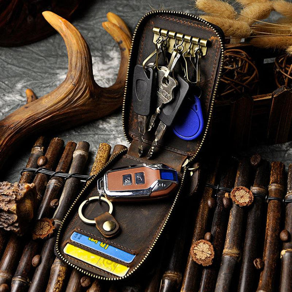 Vintage Leather Mens Small Key Zipper Wallets Cool Card Wallet for Men - iwalletsmen