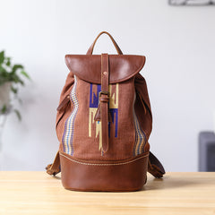 Brown Emroidered Canvas Leather Mens Women Large 14'' College Backpack Travel Backpack for Men - iwalletsmen