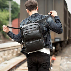 Cool Black Mens Leather 14 inches Computer Backpack College Backpacks School Backpack for men - iwalletsmen