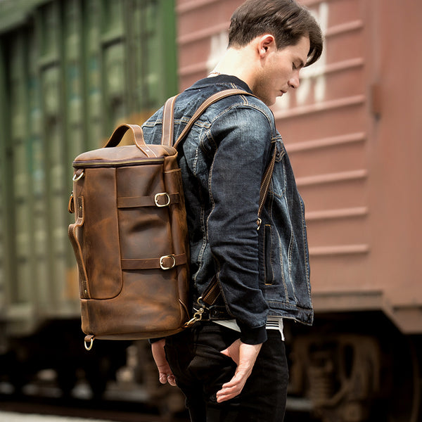 Cool Brown Mens Leather 14 inches Barrel Weekender Bag Bucket Travel Backpack for Men - iwalletsmen