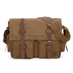 Canvas Leather Women Mens Blue 15'' Messenger Bag Khaki Side Bag Brown Shoulder Bag For Men - iwalletsmen