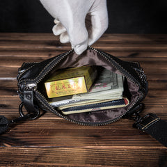 Black Cool Leather 8 inches Small Zipper Messenger Bag Vertical Shoulder Bag Brown Side Bag For Men - iwalletsmen