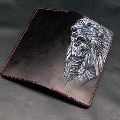 Black Handmade Tooled Japanese Samurai Skull Leather Mens Long Wallet Bifold Long Wallet For Men - iwalletsmen