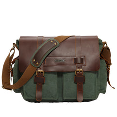 Canvas Leather Mens Vintage Khaki Travel Side Bag Green Messenger Bag Brown Courier Bag for Men - iwalletsmen