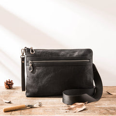 Black Cool Leather Mens Wristlet Bag Clutch Black Slim Messenger Bag Side Bag for Men - iwalletsmen