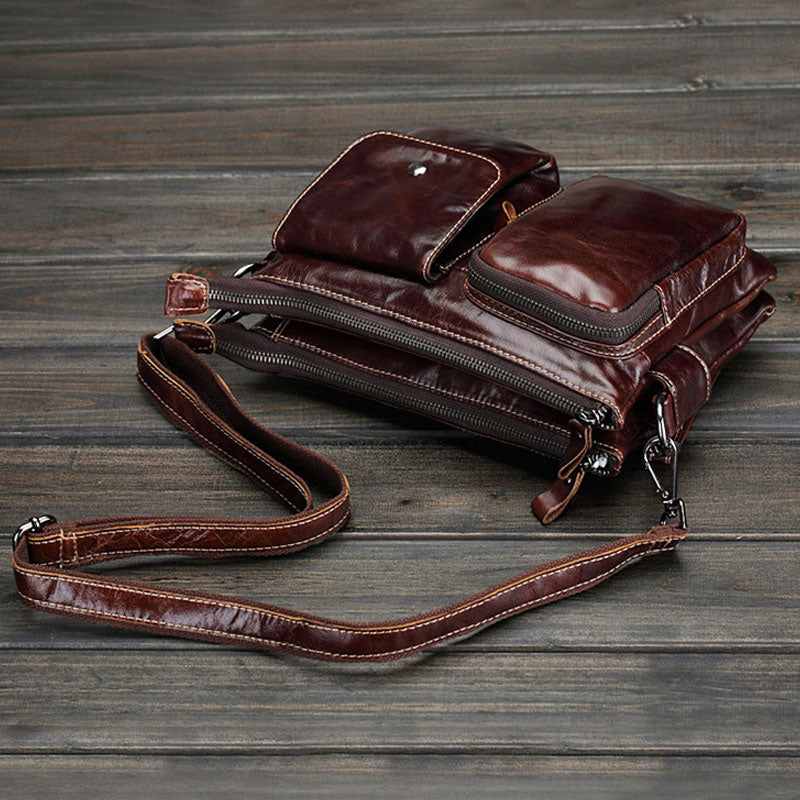 Cool Small Coffee Leather Mens Messenger Bag Shoulder Bag for Men - iwalletsmen