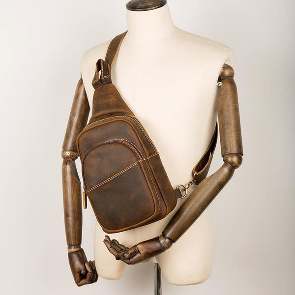 Cool Dark Brown Leather Mens Crossbody Pack Sling Bags Brown One Shoulder Pack Chest Bag for men - iwalletsmen