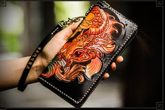 Handmade Leather Tooled Carp Mens Chain Biker Wallet Cool Leather Wallet Long Phone Wallets for Men