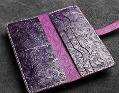 Handmade Leather Floral Mens Cool Travel Long Wallet Card Holder Card Slim Clutch Wallets for Men