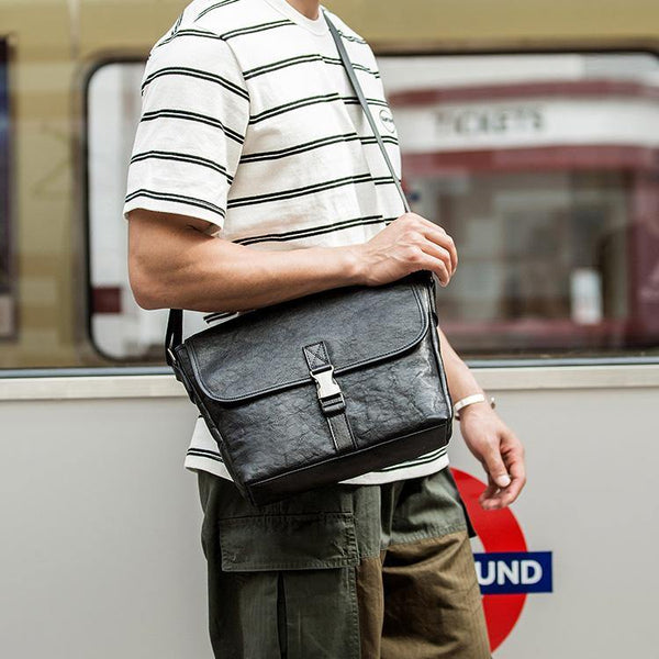 Black Wrinkled Leather Mens Small Side Bag Messenger Bags Brown Courier Bag Bicycle Bags for Men - iwalletsmen