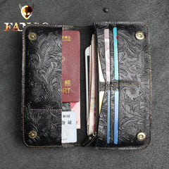 Handmade Leather Floral Mens Cool Travel Long Wallet Card Holder Card Slim Clutch Wallets for Men
