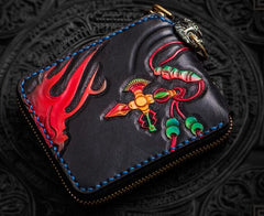 Handmade Leather Chinese Lion Tooled Mens billfold Wallet Cool Chain Wallet Biker Wallet for Men